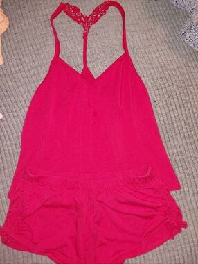 Women's Hot Pink Lace-Back Sleep Cami & Shorts Set